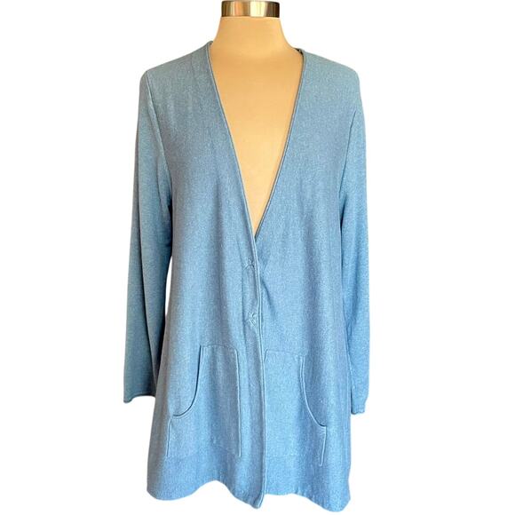 PureJill Cotton Cashmere Blue Cardigan Snap Front Pockets Sz LARGE Fall Casual - Picture 1 of 10